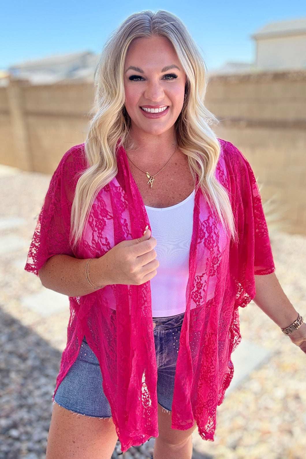 ANDREE'- Good Days Ahead Lace Kimono In Fuchsia