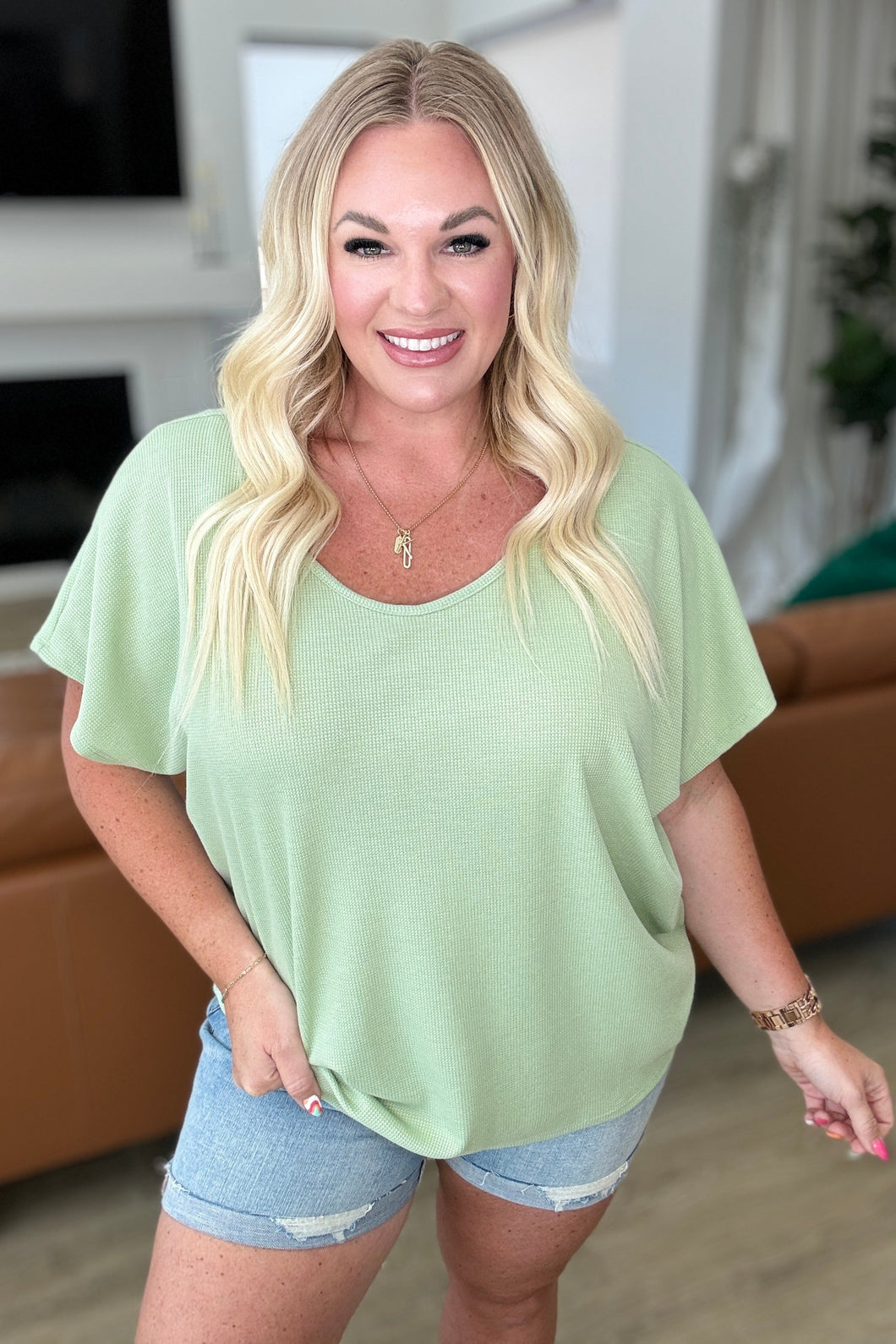 ANDREE'- Big Sky Country Waffle Knit Top In Sage