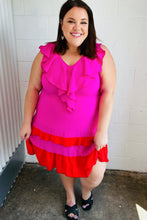 Load image into Gallery viewer, Fuchsia Ruffle V Neck Crepe Tiered Midi Dress
