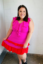 Load image into Gallery viewer, Fuchsia Ruffle V Neck Crepe Tiered Midi Dress
