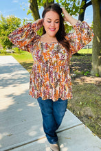 Load image into Gallery viewer, Fall in Love Taupe &amp; Rust Floral Print Babydoll Bubble Sleeve Top
