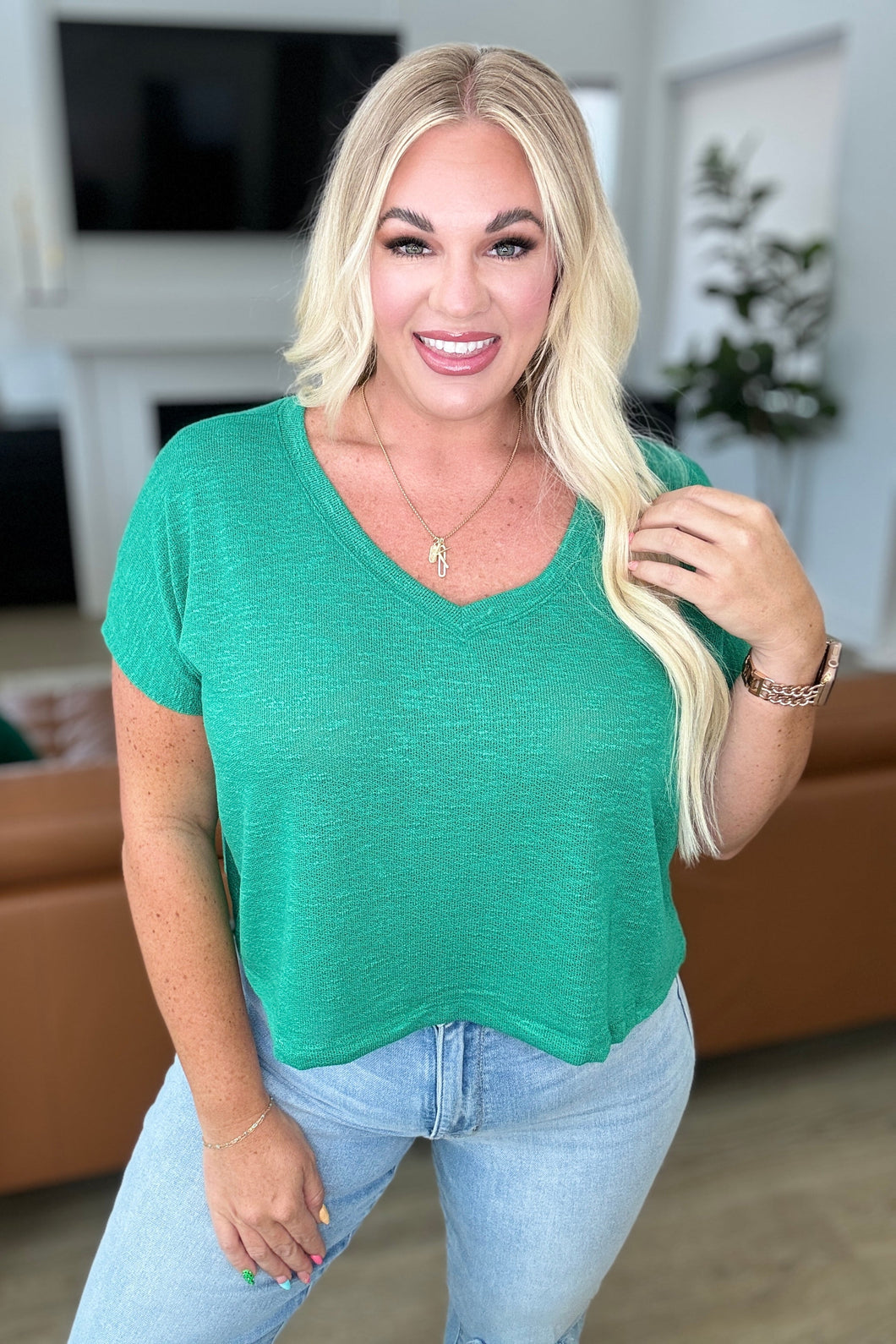 Classic Comfort V-Neck Top in Kelly Green -ZENANA