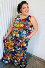 Load image into Gallery viewer, Teal &amp; Maroon Flat Floral  Fit and Flare Sleeveless Maxi Dress
