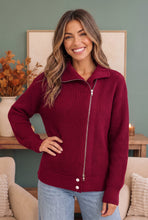 Load image into Gallery viewer, On Set Zip-Up Ribbed Sweater Jacket in Cranberry
