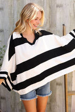 Load image into Gallery viewer, The Traveler Black/White Stripe Dolman Notch Neck Sweater Poncho
