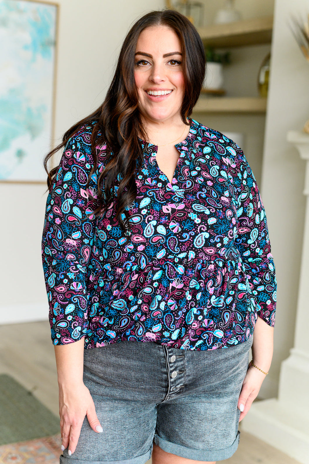 DEAR SCARLETT- Lizzy Babydoll Top in Black Petite Paisley