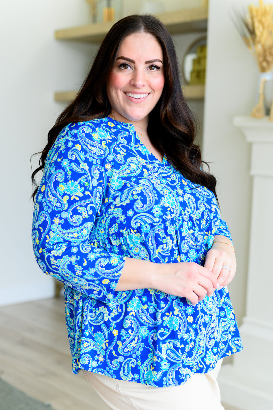 DEAR SCARLETT- Lizzy Babydoll Top in Royal and Mint Paisley