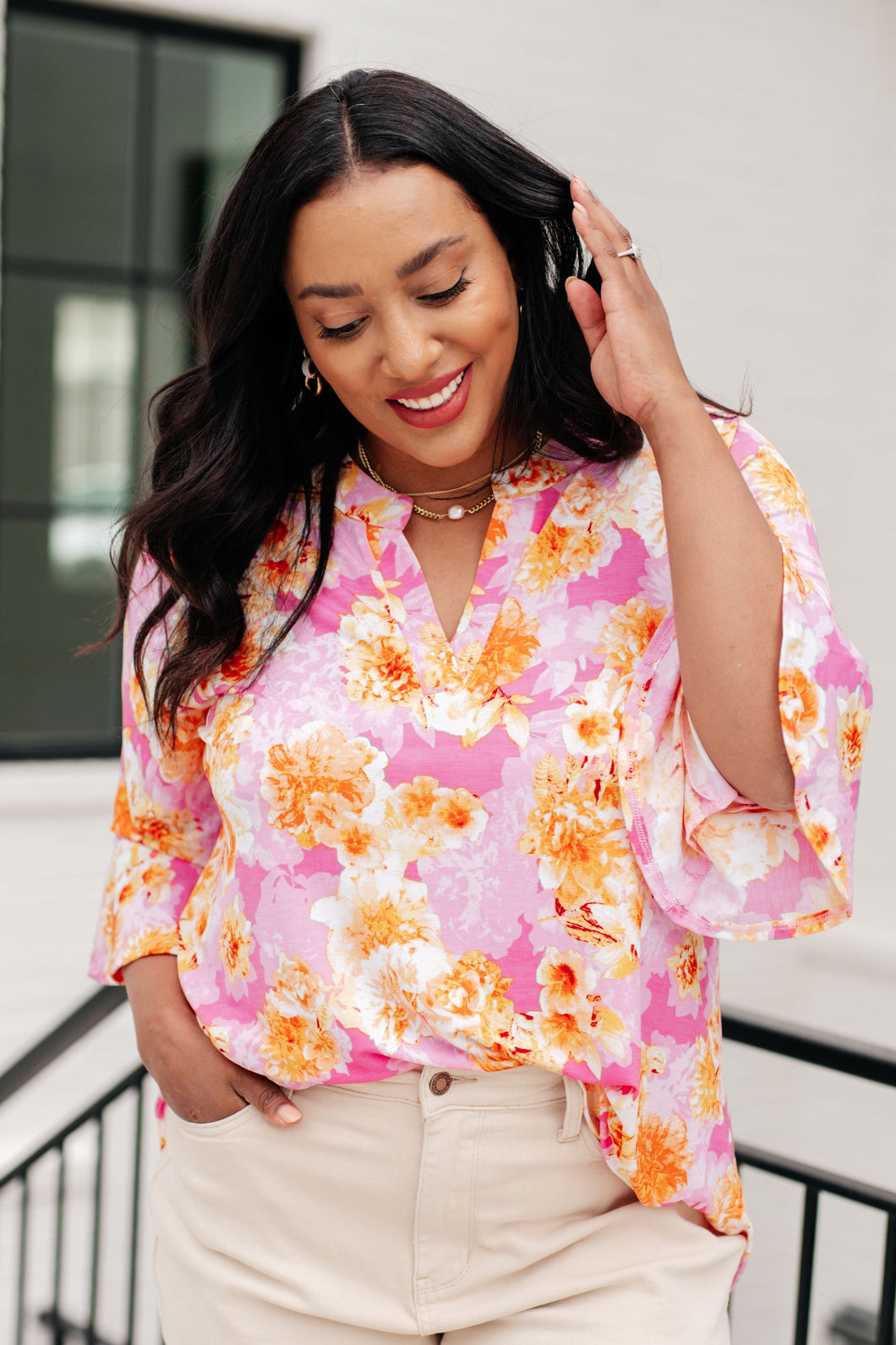 Lizzy Bell Sleeve Top in Pink and Gold Floral- DEAR SCARLETT