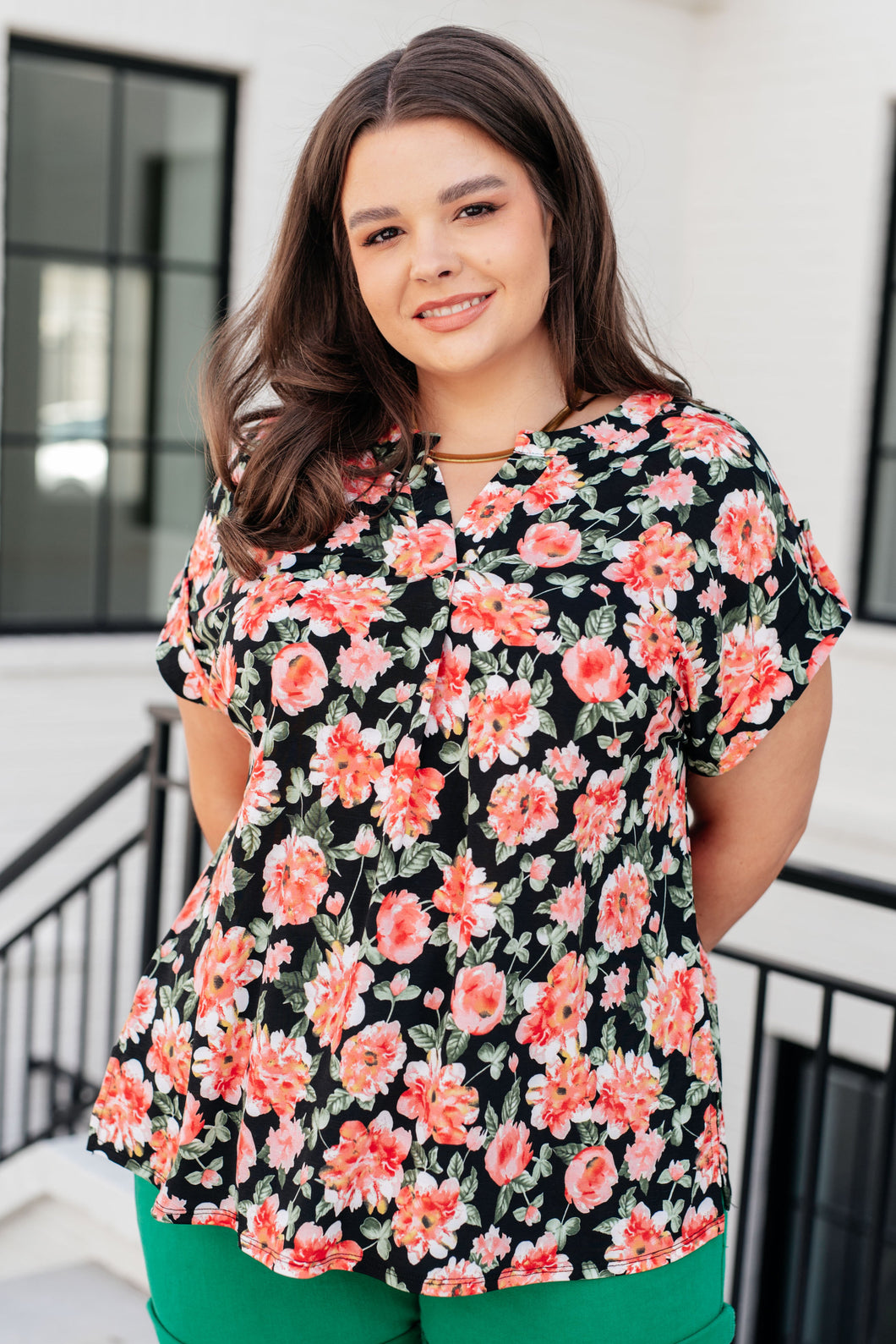 Lizzy Cap Sleeve Top in Black and Coral Floral- DEAR SCARLETT