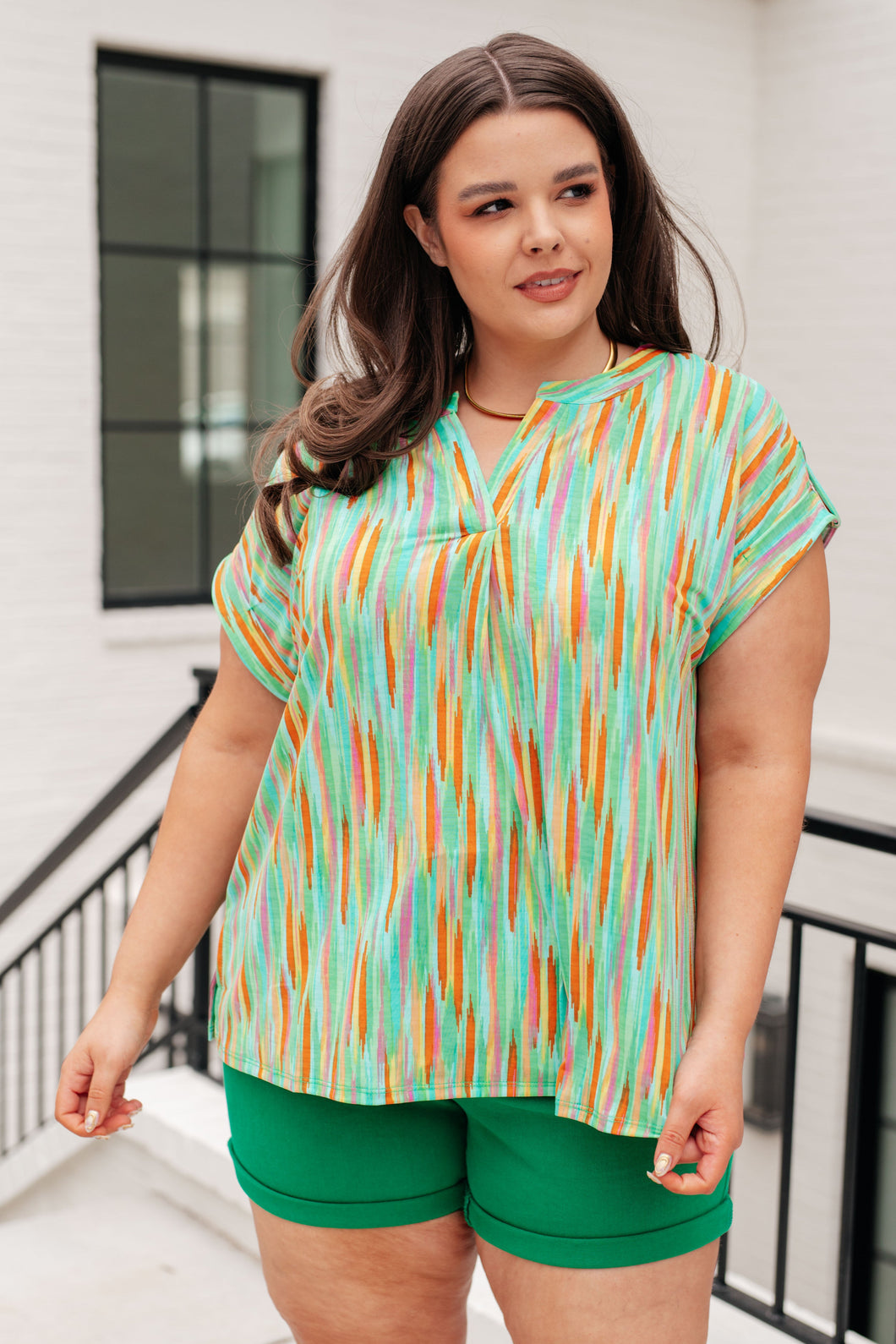 Lizzy Cap Sleeve Top in Lime and Emerald Multi Stripe- DEAR SCARLETT