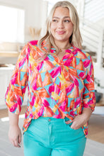 Load image into Gallery viewer, DEAR SCARLETT- Lizzy Top in Teal and Hot Pink Abstract Fans
