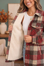 Load image into Gallery viewer, Cozy Plaid Sherpa Lined Shacket in Khaki Red

