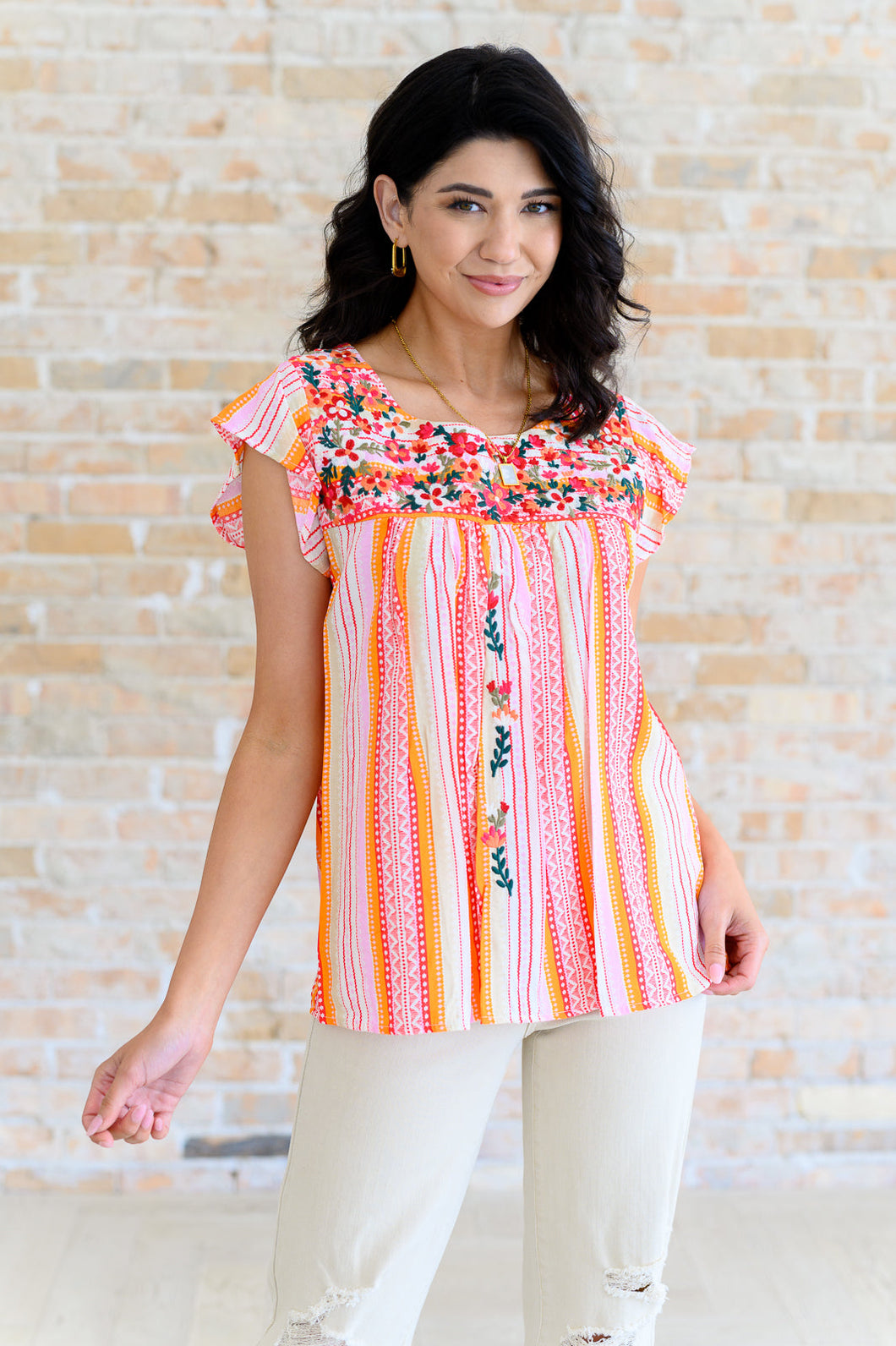 Orange Blossoms Flutter Sleeve Blouse- SAVANNA JANE