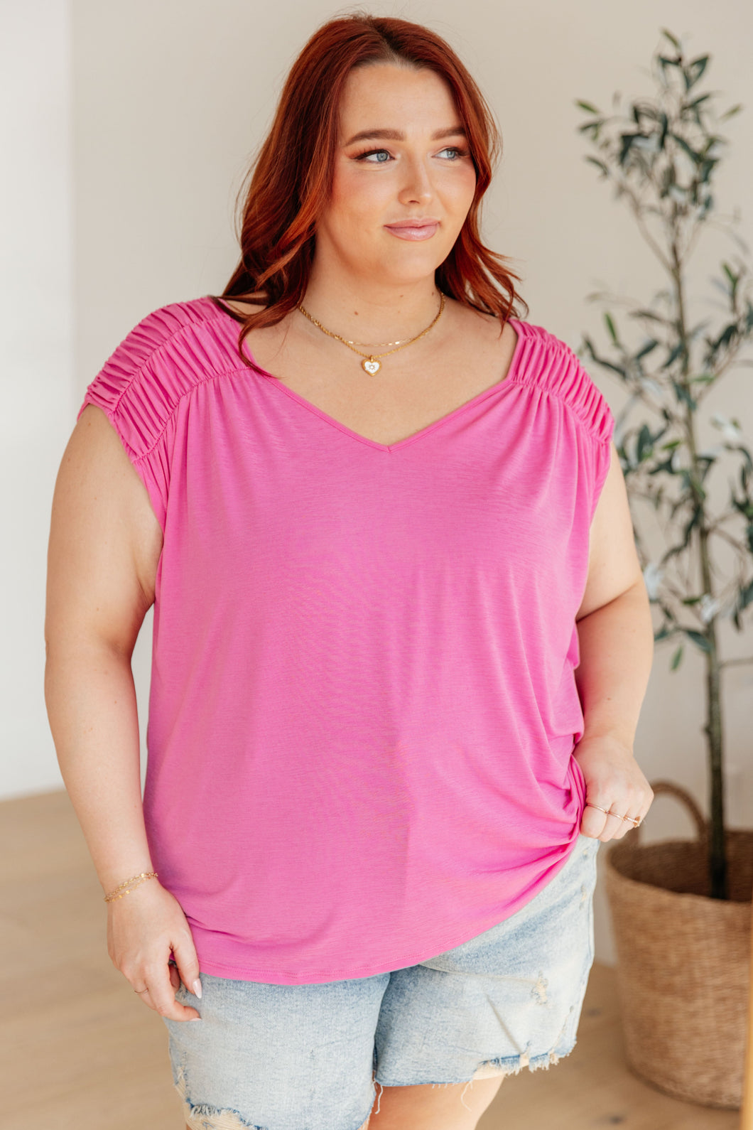 DEAR SCARLETT-  Ruched Cap Sleeve Top in Magenta