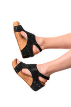 Load image into Gallery viewer, Ashley Wedge Sandals in Black Rhinestone - CORKY&#39;S
