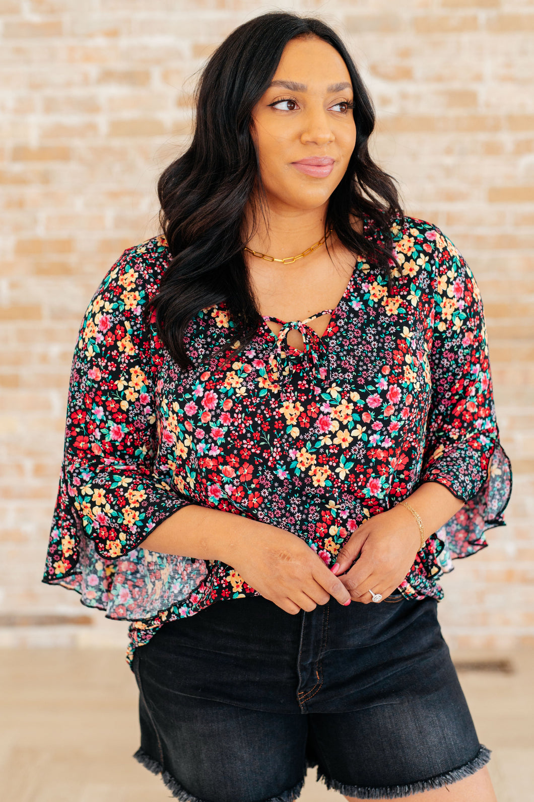DEAR SCARLETT- Willow Bell Sleeve Top in Black Multi Ditsy Floral