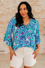 Load image into Gallery viewer, DEAR SCARLETT- Willow Bell Sleeve Top in Emerald and Royal Paisley
