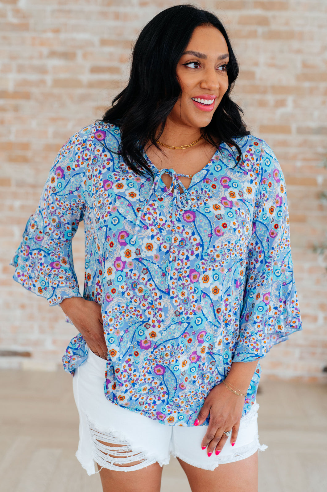DEAR SCARLETT- Willow Bell Sleeve Top in Retro Ditsy Floral