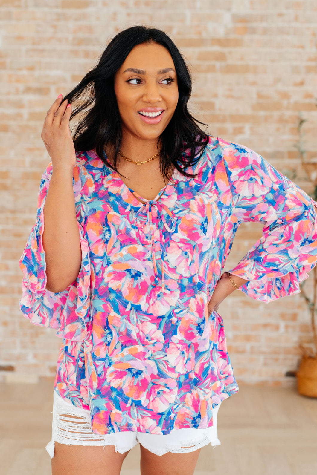 DEAR SCARLETT- Willow Bell Sleeve Top in Royal Brushed Floral
