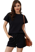 Load image into Gallery viewer, Black 2pcs Solid Textured Drawstring Shorts Set
