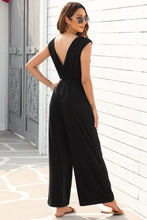 Load image into Gallery viewer, Black Deep V Pleated Crisscross Wide Leg Backless Jumpsuit
