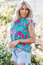 Load image into Gallery viewer, Green Floral Ruffled Flutter Sleeve Ruched Blouse
