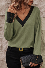 Load image into Gallery viewer, Moss Green Contrast V Neck Button Cuffed Long Sleeve Top
