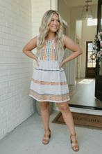 Load image into Gallery viewer, Embroidered Stripe Tiered Mini Dress
