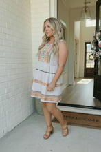 Load image into Gallery viewer, Embroidered Stripe Tiered Mini Dress
