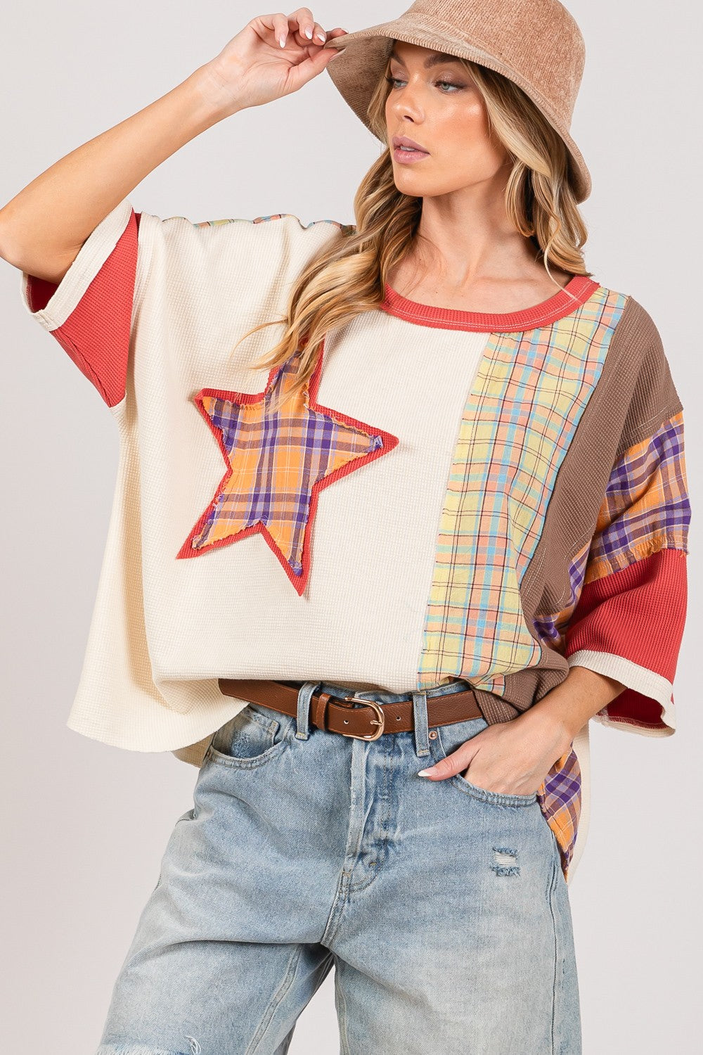 Round Neck Plaid Star Patch T-Shirt- SAGE + FIG