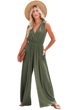 Load image into Gallery viewer, Jungle Green Deep V Pleated Crisscross Wide Leg Backless Jumpsuit
