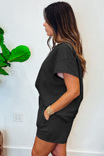Load image into Gallery viewer, Black 2pcs Solid Textured Drawstring Shorts Set

