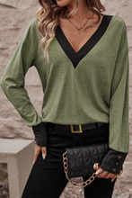 Load image into Gallery viewer, Moss Green Contrast V Neck Button Cuffed Long Sleeve Top
