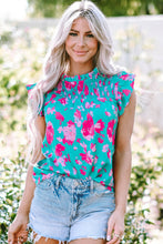 Load image into Gallery viewer, Green Floral Ruffled Flutter Sleeve Ruched Blouse
