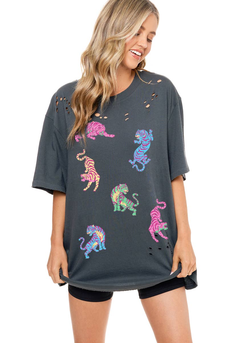 EASY TIGER - Multi Pastel Tigers Graphic Oversized Distressed Tee - BY ZUTTER