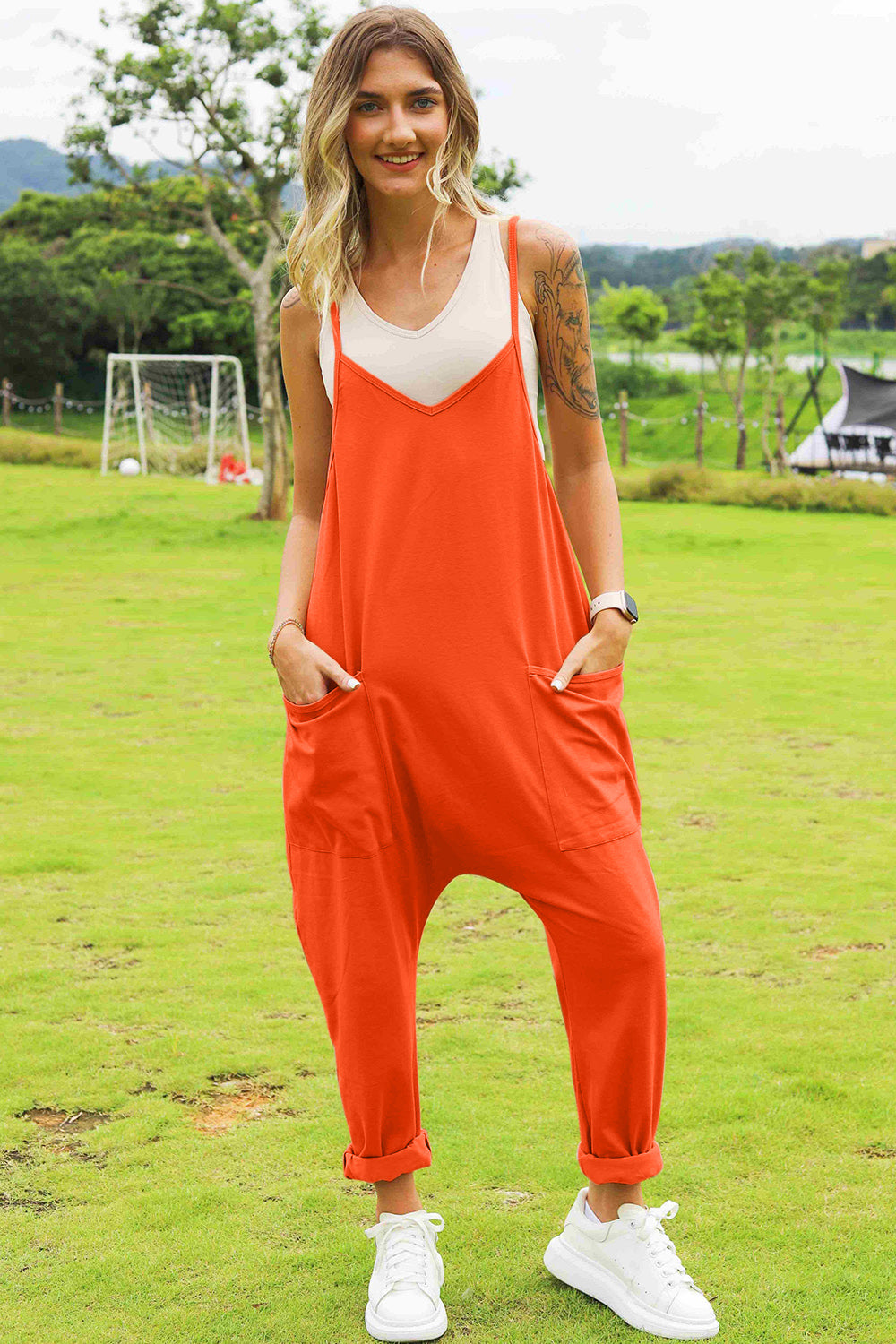 Full Size Sleeveless V-Neck Pocketed Jumpsuit- Double Take