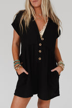 Load image into Gallery viewer, Black V Neck Buttons Loose Cuffed Short Sleeve Romper
