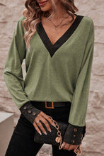 Load image into Gallery viewer, Moss Green Contrast V Neck Button Cuffed Long Sleeve Top
