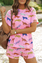 Load image into Gallery viewer, Pink Flower Print Short Sleeve High Waist Two Piece Shorts Set
