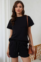 Load image into Gallery viewer, Black 2pcs Solid Textured Drawstring Shorts Set
