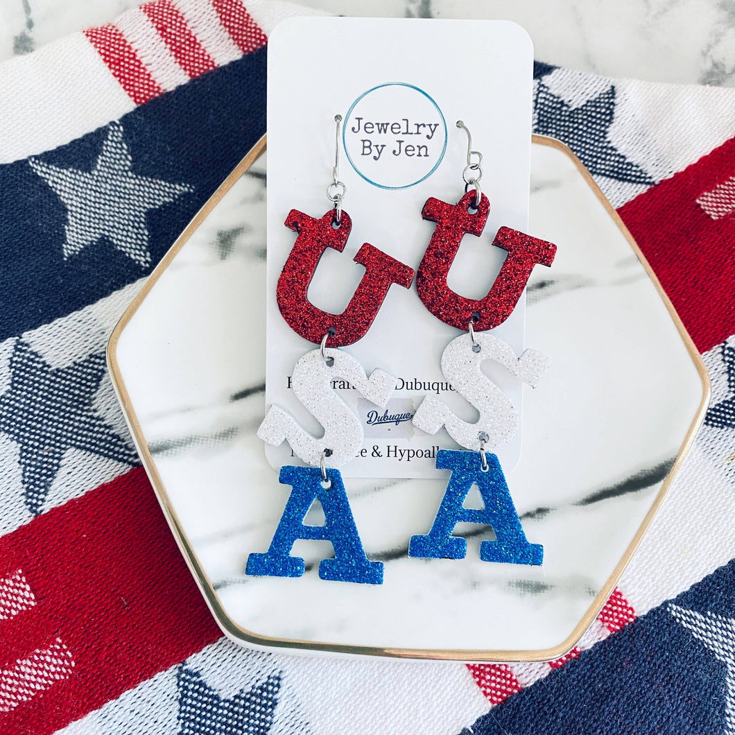 I LOVE THE U.S.A EARRINGS -Genuine Leather& Fine Glitter