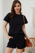 Load image into Gallery viewer, Black 2pcs Solid Textured Drawstring Shorts Set

