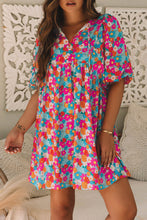 Load image into Gallery viewer, Sky Blue Floral Print Tie Split Neck Bubble Sleeve Babydoll Dress
