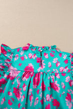 Load image into Gallery viewer, Green Floral Ruffled Flutter Sleeve Ruched Blouse
