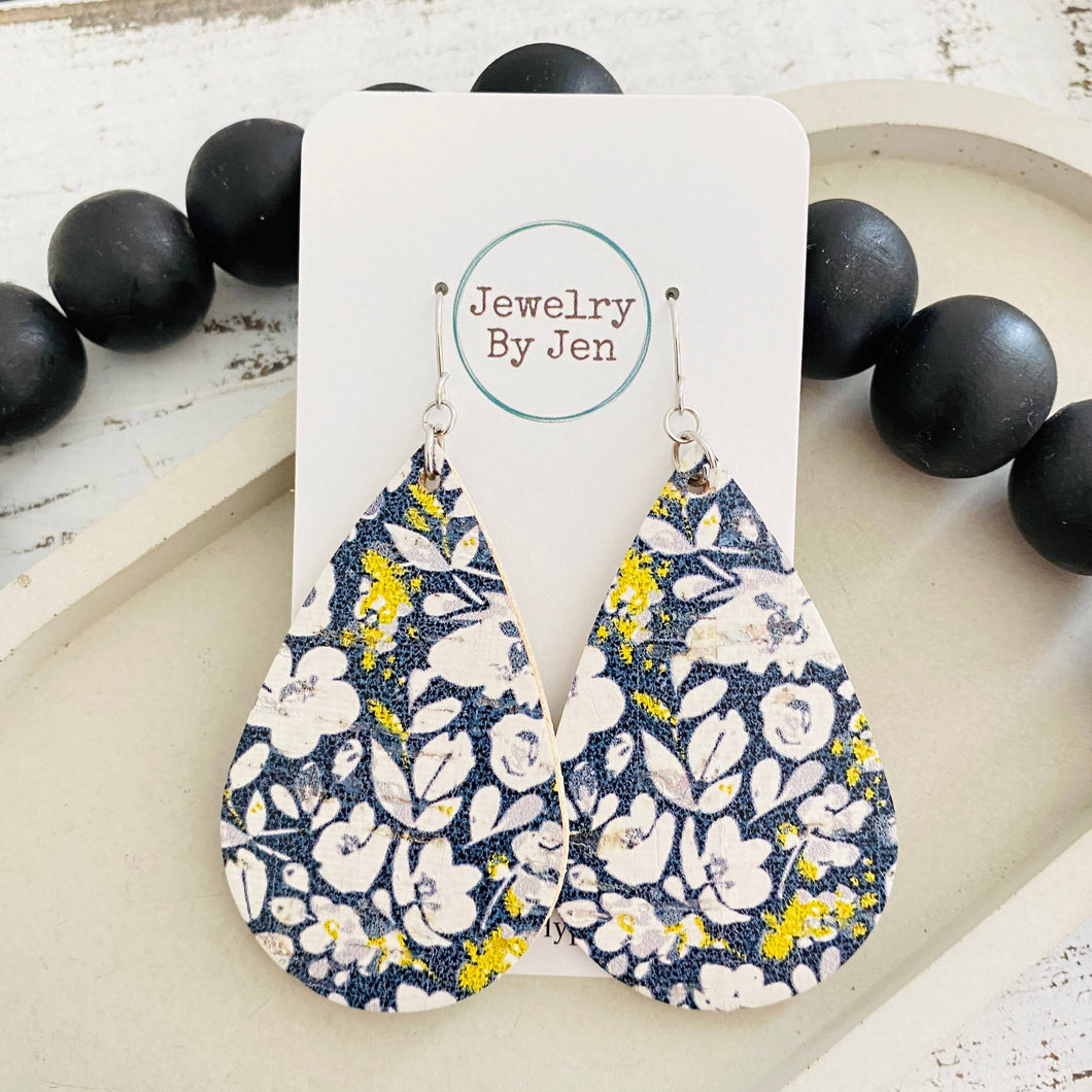 THE AVA'S- Large Teardrop: Navy Floral Cork - JEWELRY BY JEN