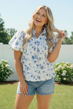 Load image into Gallery viewer, Sweet in Blue Floral Puff Sleeve Babydoll Top

