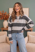 Load image into Gallery viewer, Cozy Stripe Polo Sweater in Charcoal
