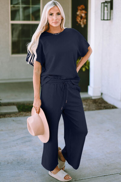 Full Size Texture Short Sleeve Top and Pants Set- Double Take