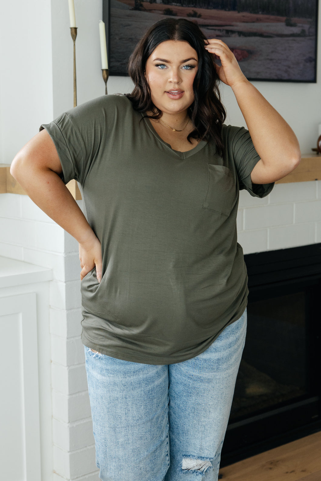 Absolute Favorite V-Neck Top in Olive (Reg & Curvy)