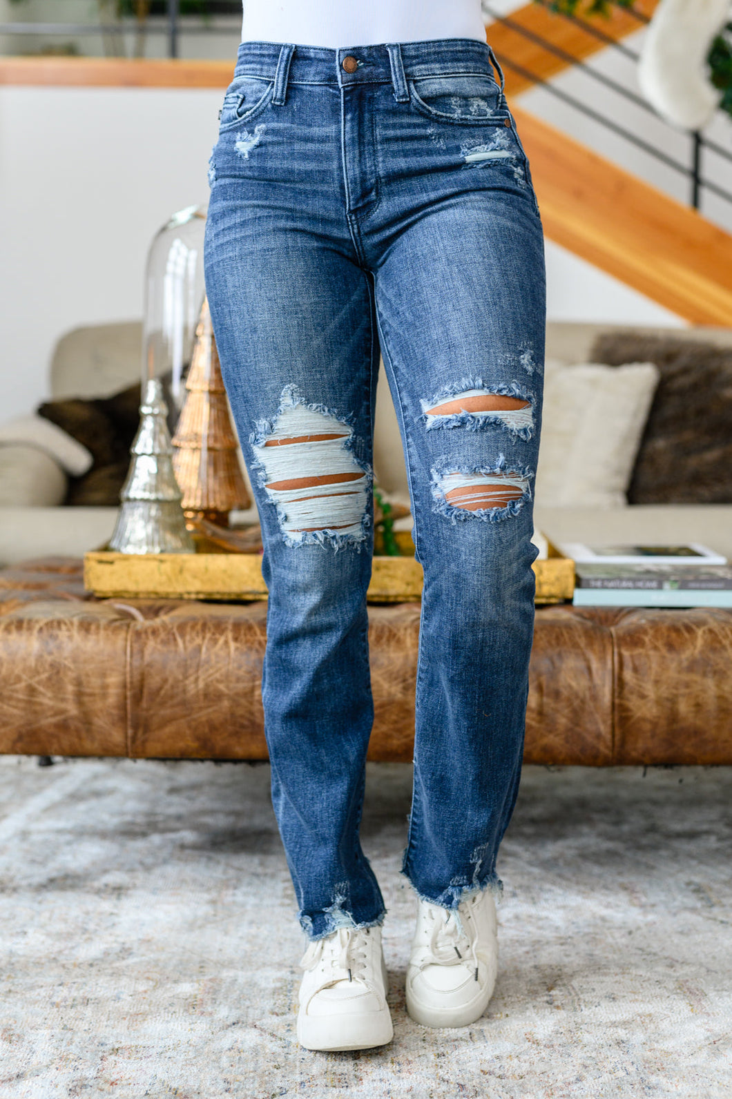 JB Christine High Contrast Slim Bootcut Destroyed Jeans
